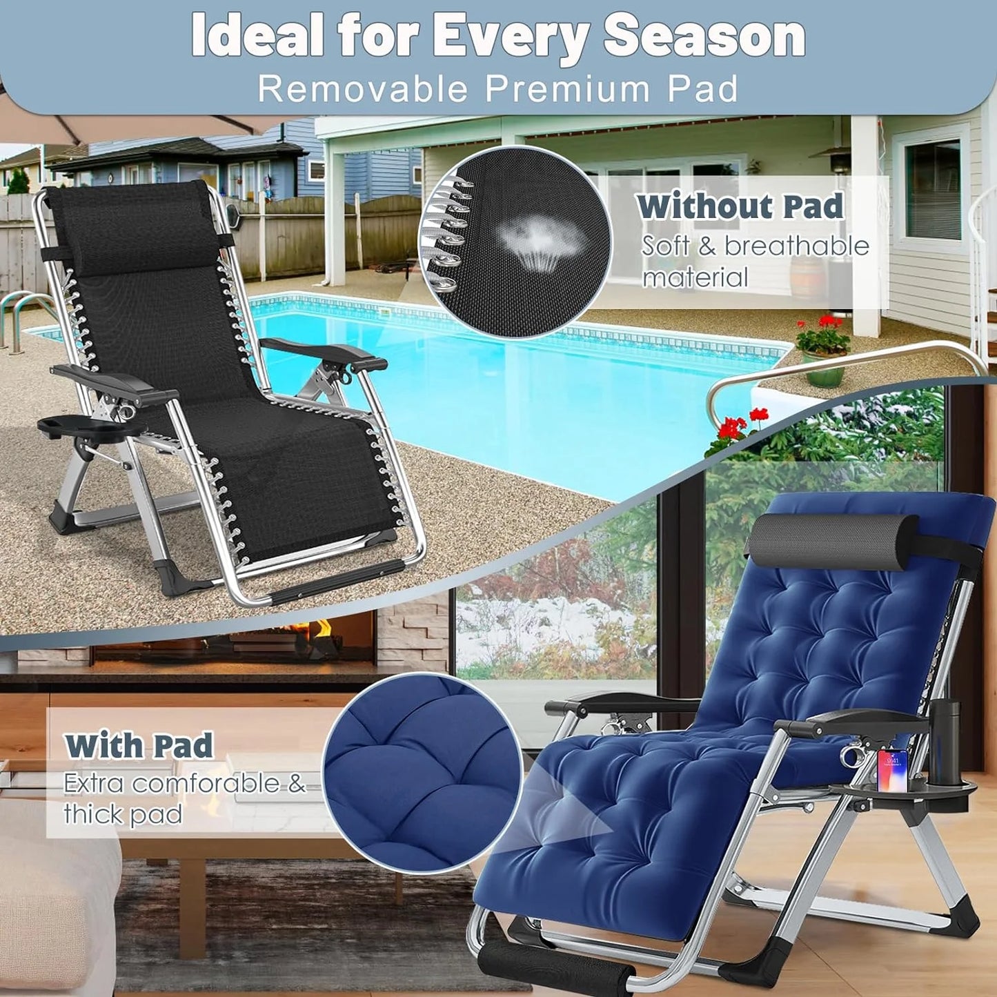 Oversized XXL Zero Gravity Chair with Cushion & Headrest, Supports up to 440Lbs